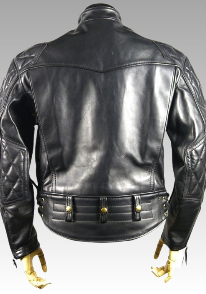Black leather jacket with gold buttons for sale